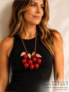 Stella McCartney Red Cherry Cluster Necklace Gold Chain | Made In Italy
